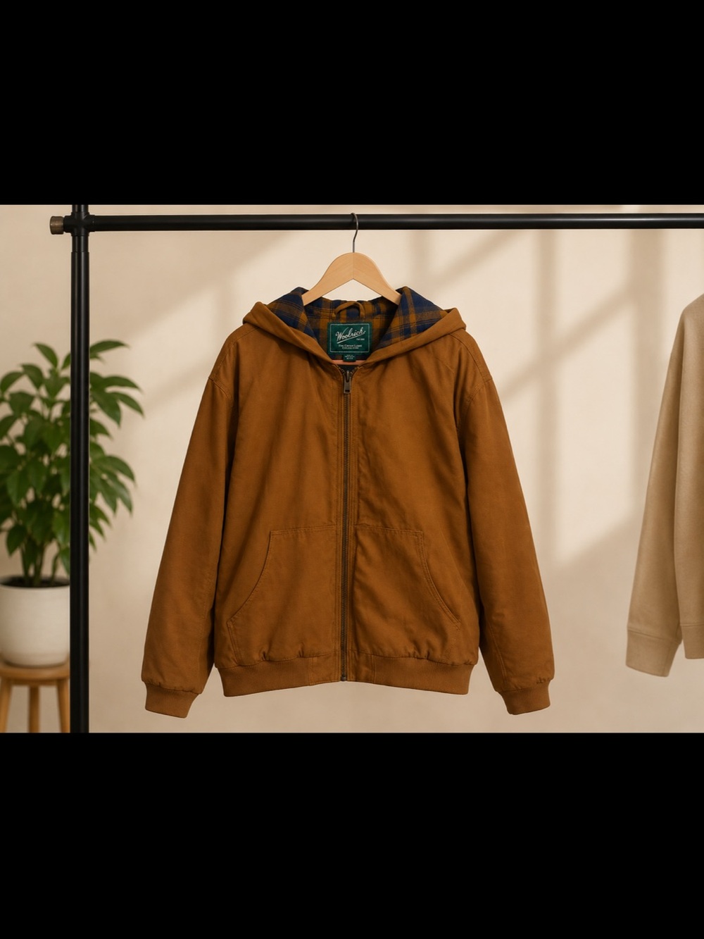 Woolrich Brown Hooded Puffer Jacket with Blue Plaid Lining